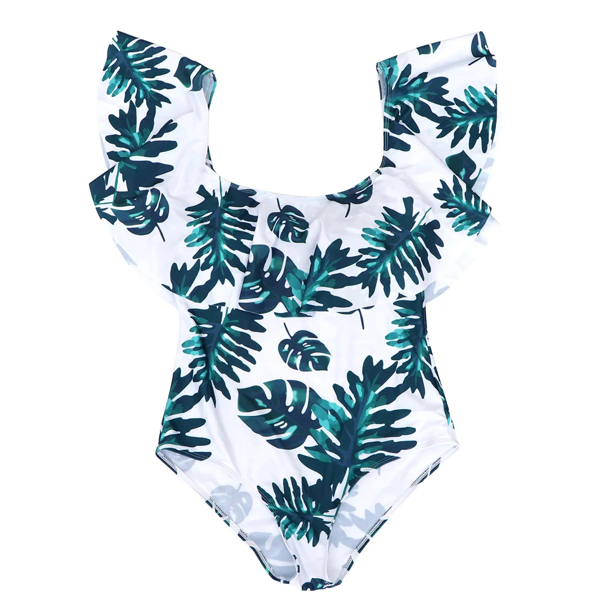 

One Piece Swimming Set Vintage Small Fresh Printed Off Shoulder Flounce Ruffled Green Leaf Swimsuits for Women Size L