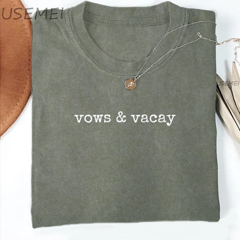 Camiseta Vows Vacay para mujer y hombre, camiseta de boda, camiseta para vacaciones de boda y luna de miel, ropa de regalo nupcial, ropa lavada Retro de algodón