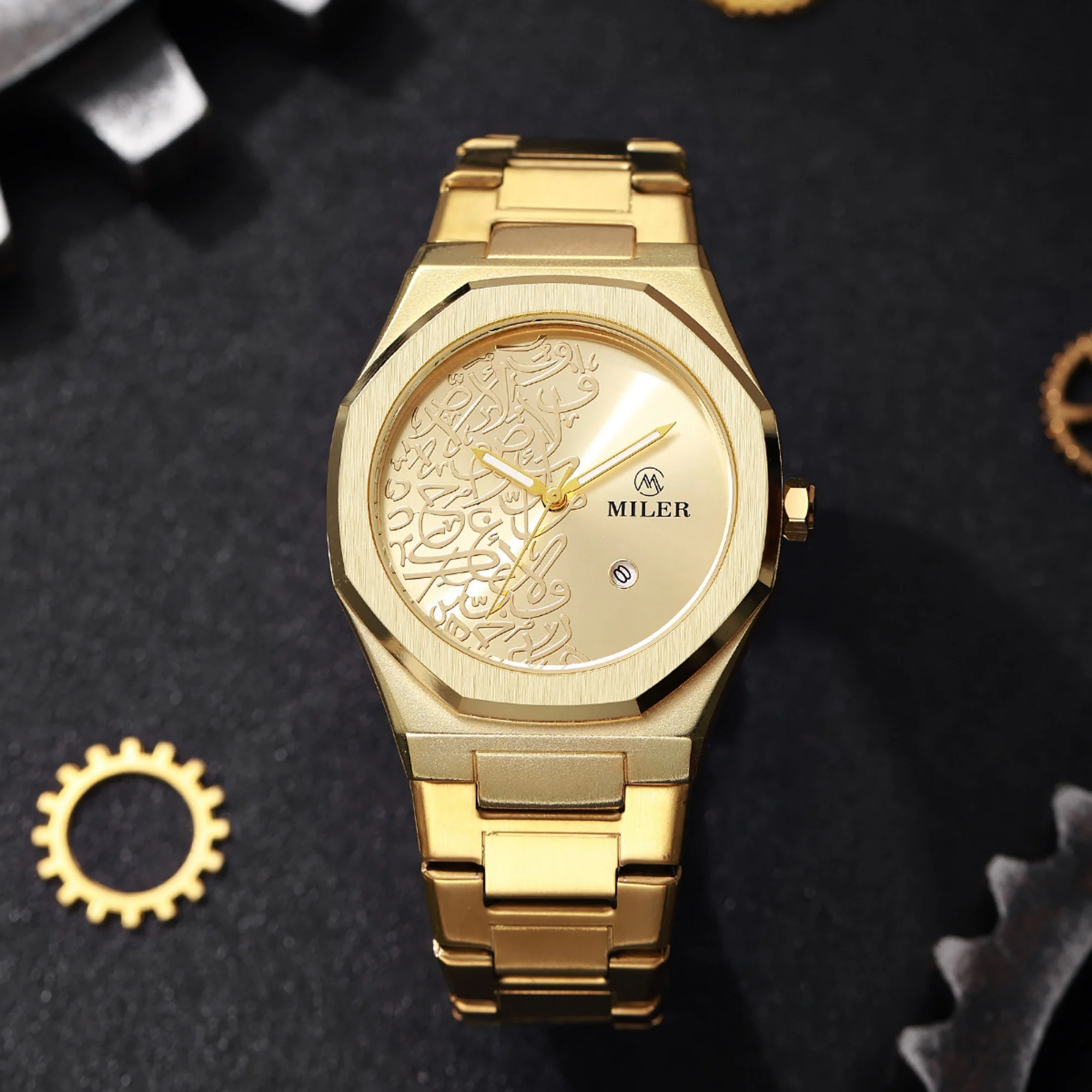MILER Men Quartz Wristwatch Octagonal Alloy Strap  Arabic Dial Date Display Minimal Fashion Daily Watch For Gentlemen Male