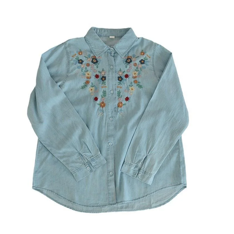 New Autumn Cotton Denim Shirts Women Basic Embroidery Top Girl Polo Collar Flower Long Sleeve Cute Casual Blouse Spring T39230QM