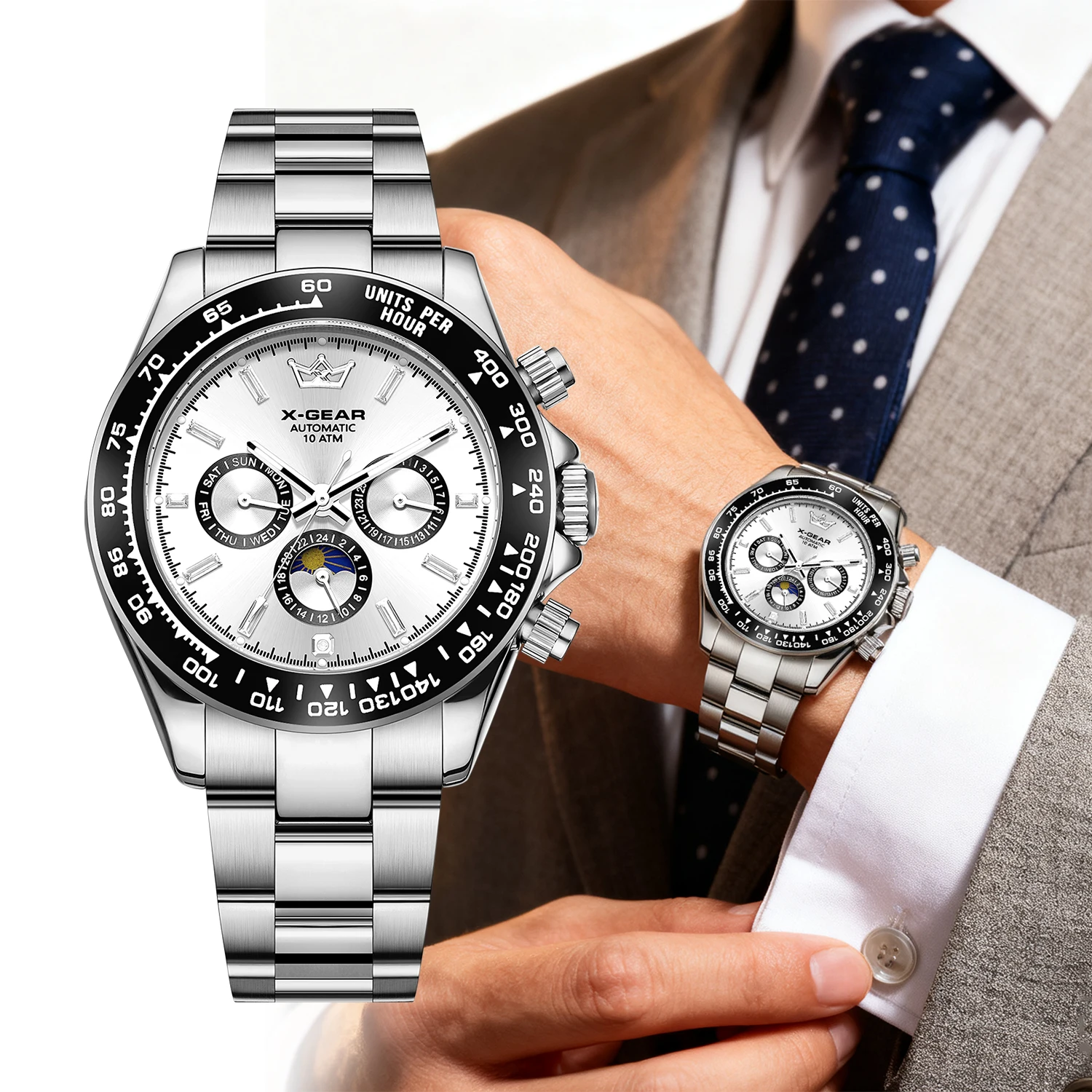 X-GEAR นาฬิกาข้อมือผู้ชายสุดหรูรุ่นใหม่ – ระบบกลไกอัตโนมัติ หน้าปัดย่อยสามชั้น หกเข็ม แสดงผลแบบเรืองแสง กันน้ำ สายสแตนเลส
