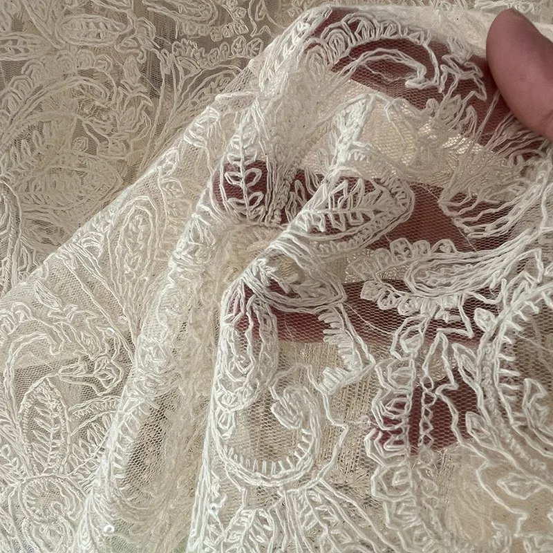 Sequins Floral Mesh Cotton Embroidered Lace for Dress Wedding Decoration Accessories By The Yard