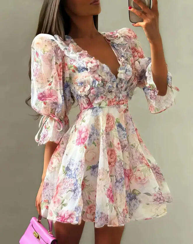 

Women's New 3D Flower Decorated Chiffon Mini Dress with Flower Print V-Neck Bubble Sleeves A-Line Vacation Dress