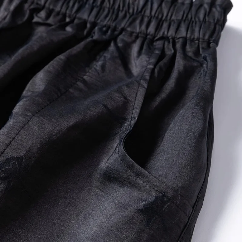 Birdtree Women's 100% Mulberry Silk Reversible Shorts,Jacquard Craquelure Elastic Waist Black Loose Shorts,2025 New P56631JF