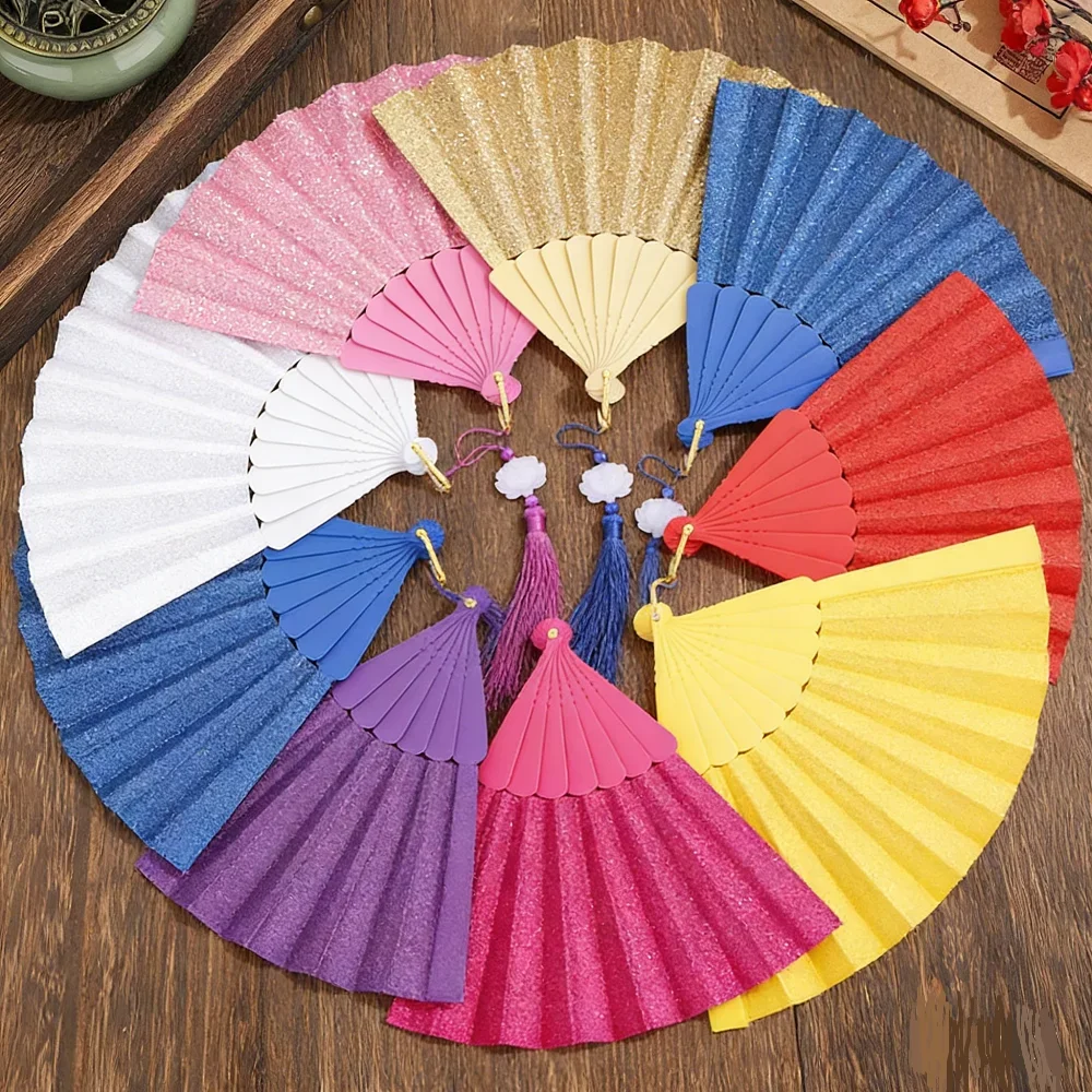 Elegant Plastic Gold Powder Fan Colorful Chinese Style Folding Fan Tassels Handheld Fan Dancing