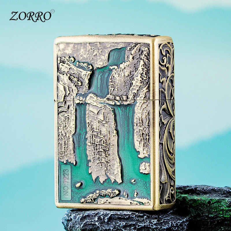 ZORRO Brass Windproof Kerosine Lighter Embossed High Mountain Flowing Water National Style Retro Vintage Grinding Wheel Ignition