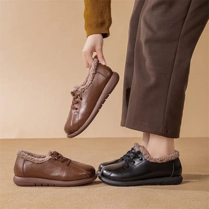 

GKTINOO 2025 Winter New Genuine Leather Soft Sole Cotton-padded Shoes Comfortable Casual Warm Wool Women's Flat Shoes