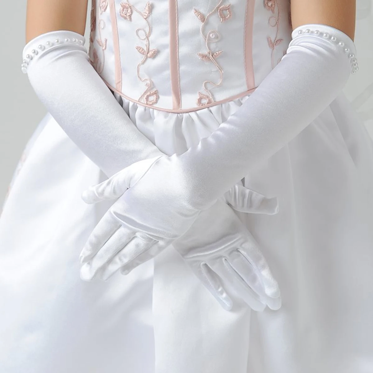 

Wedding Dress Gloves for Kids White Long Bowknot Child Five Fingers Fashionable Comfort Pearl Decor Stage Banquet Formal Events