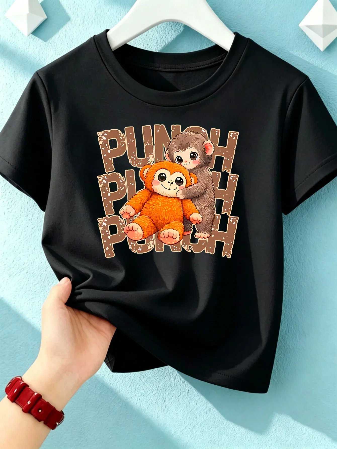 Cute Hugging Monkey Letter Print Boys Girls Short Sleeve Tee Parent Match Soft Cotton Kids Lovely Casual Daily Fashion T Shirts