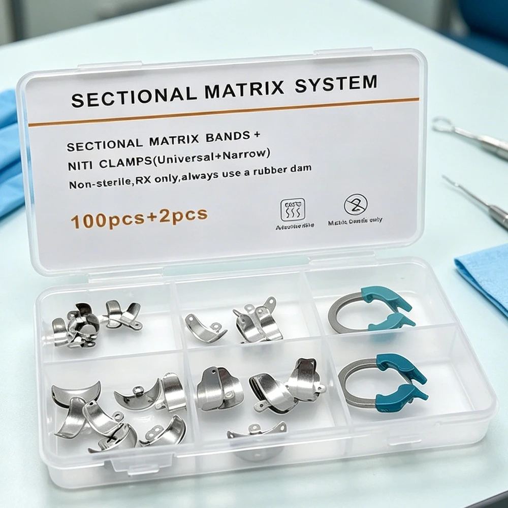 

Набор зуботехнических матричных лент (102 шт.) с никель-титановыми зажимами для профессиональной реставрационной стоматологии, контурные металлические матрицы