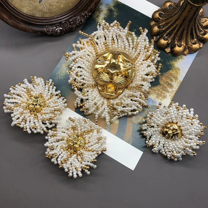 

Lion Head Pearl Brooch Ear Clip Ring Jewelry Set