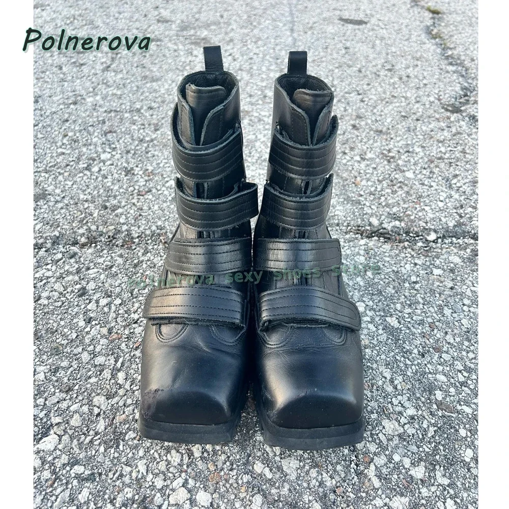 Square Toe Thick Sole Patchwork Shoe 2026 Spring Summer Street Style Trend Punk Hook and Loop Ankle Boots Casual Couple Leather