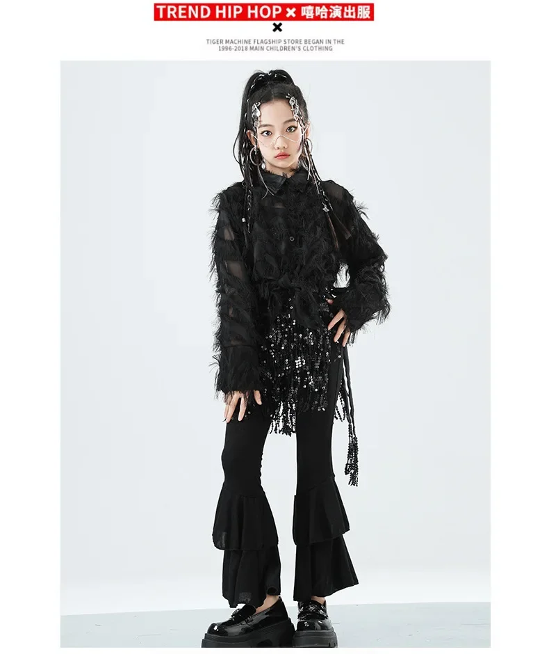 Mädchen Western-Style Performance-Outfit Jazz-Tanzkostüm mit Federn und Strass Glänzende Kinder-Bühnen-Partykleidung – Detail 9