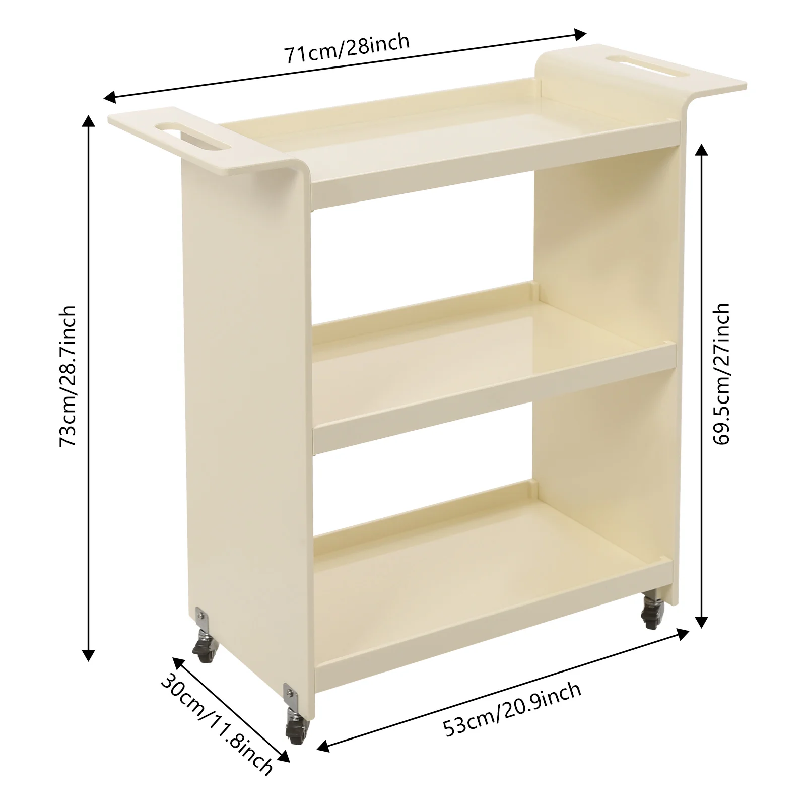 รถเข็นอเนกประสงค์แบบกลิ้ง 3 ชั้น 66.14 ปอนด์โหลด 2811.828.7in PC วัสดุล้อล็อคได้เหมาะสำหรับบ้านบาร์ร้านกาแฟกิจกรรม