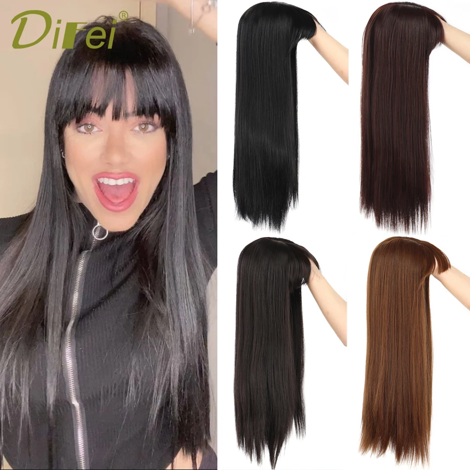 Long Straight Top Replacement Block With Bangs Synthetic Topper Hair Piece Head hair patch Cover White Hair Increase hair volume