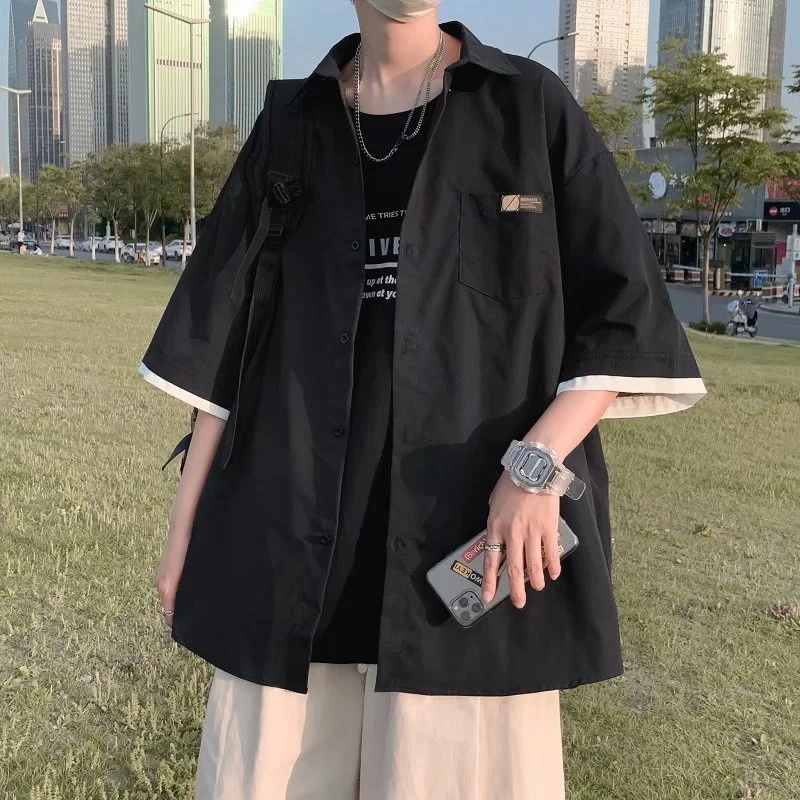 

Men's Casual Short Sleeve Shirt Thin Loose Summer Fashion Brand Versatile Button up Pure Color Youth Popular Loose Fit Shirt