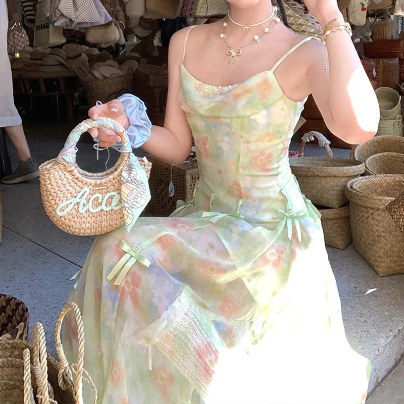 Robe longue plissée pour femmes, Vintage français, fleur verte, élégante, dos nu, Slim, nœud, Sexy, Club, tendance, Boho, populaire, été