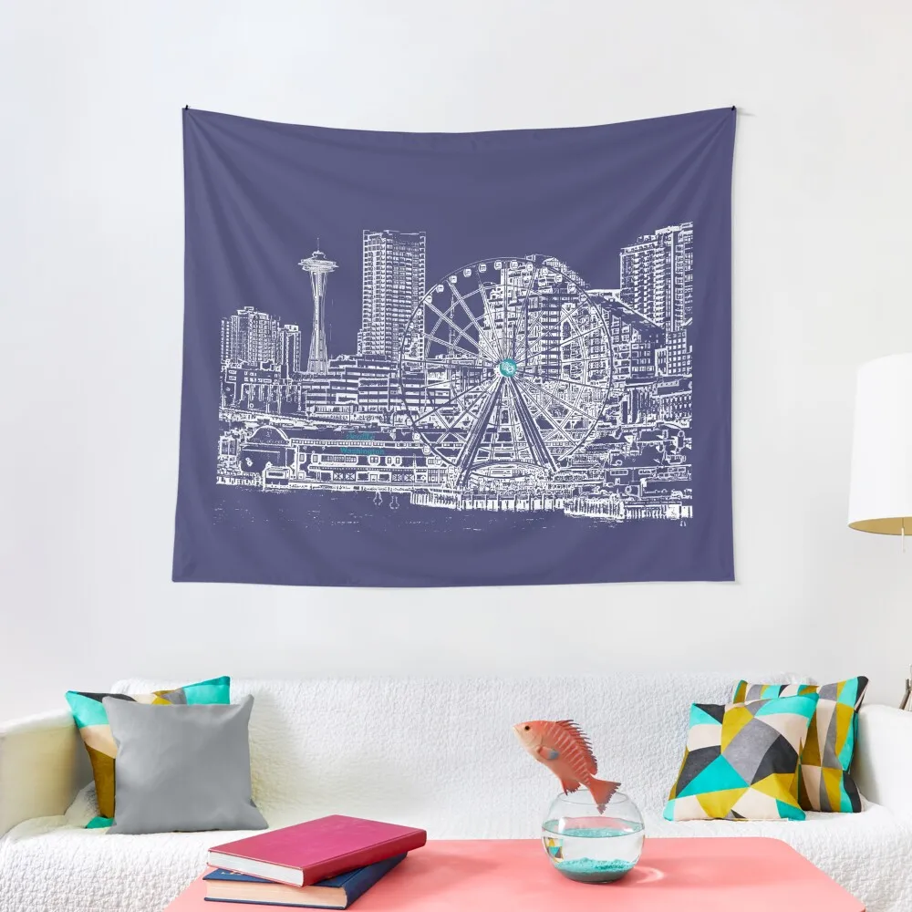 Сиэтл, Вашингтон, США - Downtown Seattle Waterfront - Гобелен Landmarks Seattle, ковер на стену, украшение комнаты, гобелен