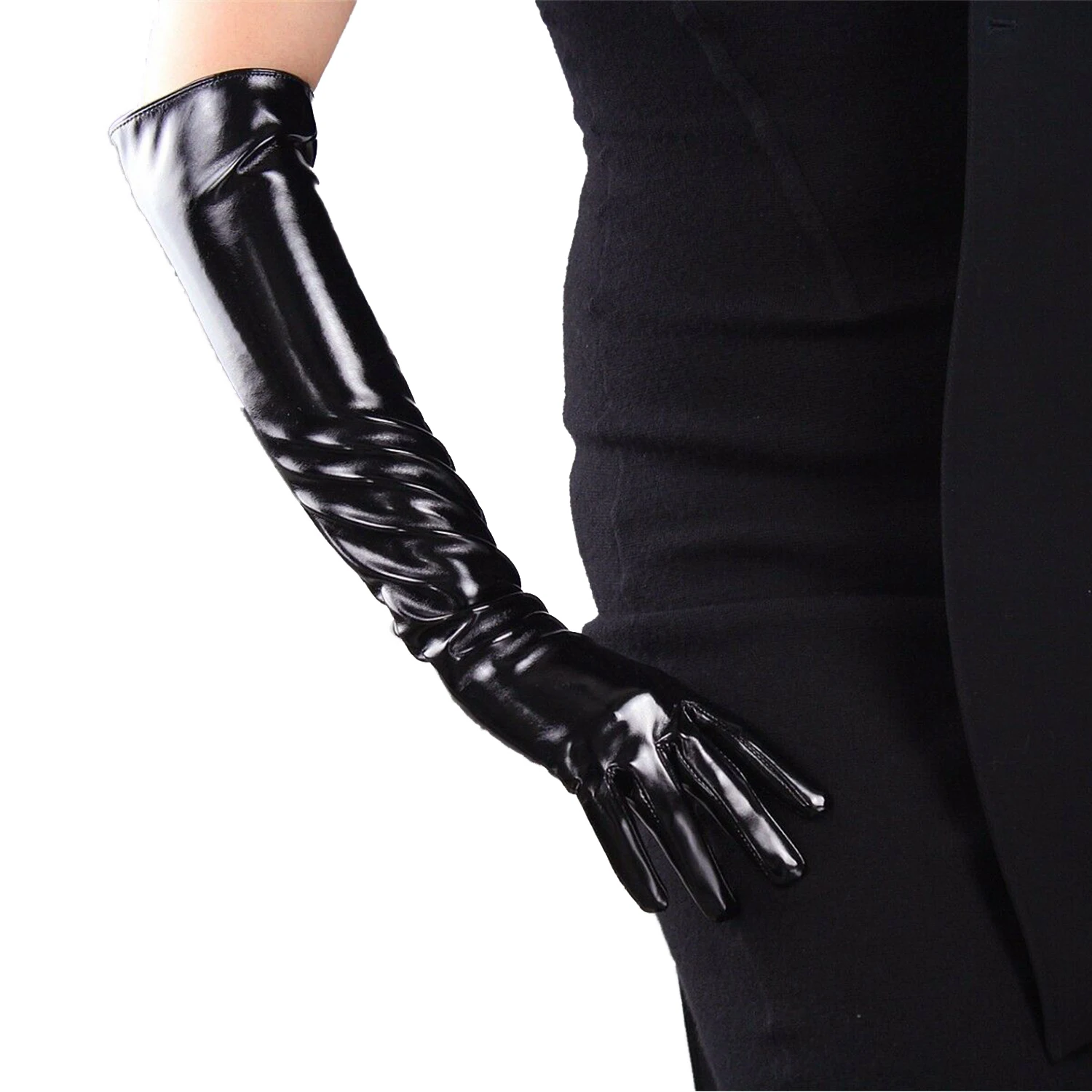 DooWay Black Role-playing Latex Gloves Wet Look Faux Patent Leather Cosplay Costume Evening Formal Fashion Dressing Glove