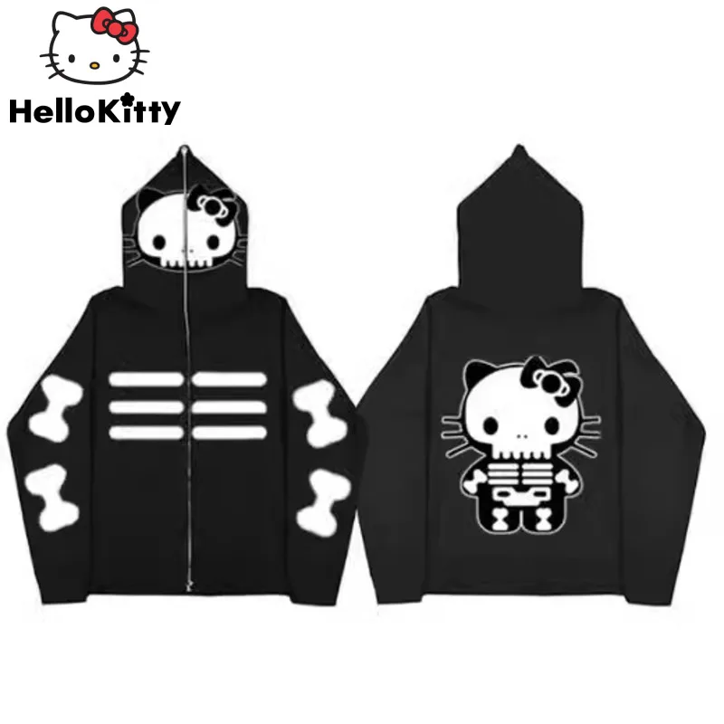 Sanrio Hello Kitty Cat Anime Female Clothes Skull Halloween Cartoon New Zipper Hoodie Japanese Style Y2k Girl Printing Pullovers