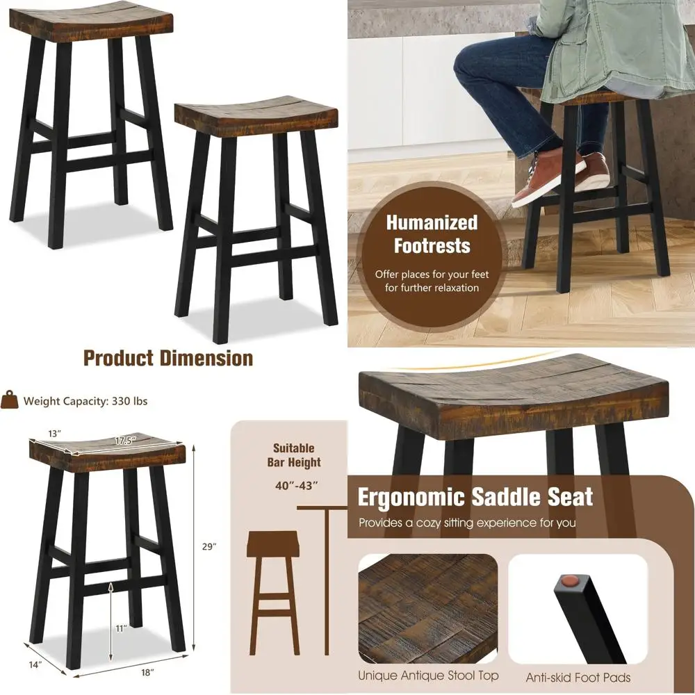 Set of 2, 29 Saddle Bar Stools, Backless Chairs with Rubber Wood Frame & Footrest
