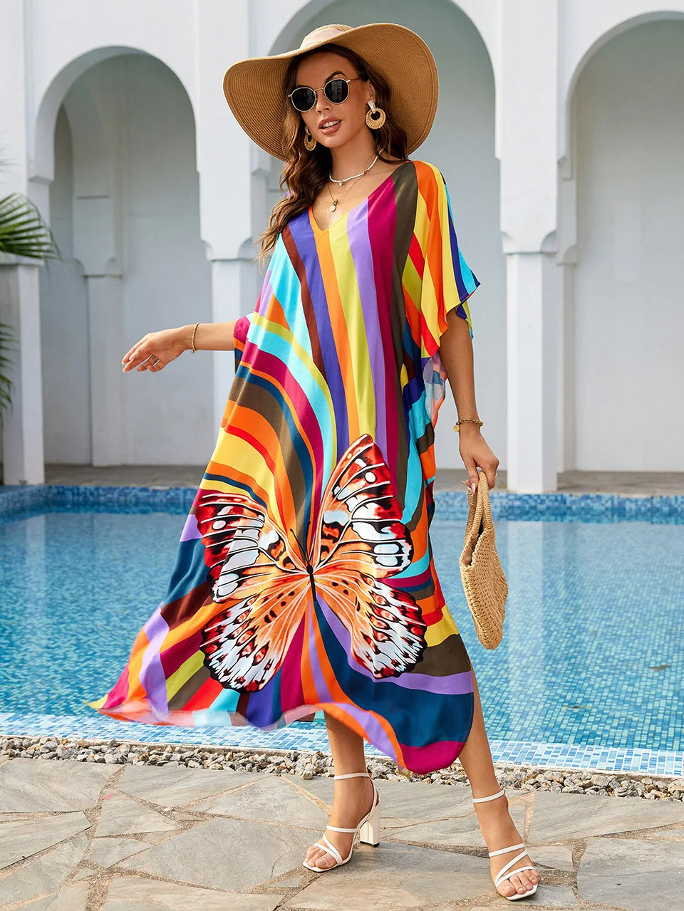 

Butterfly Printed Oversized Kaftan Dress for Women Bikini Cover-ups Robe De Plage Holiday Casual Beach Maxi Dresses Female