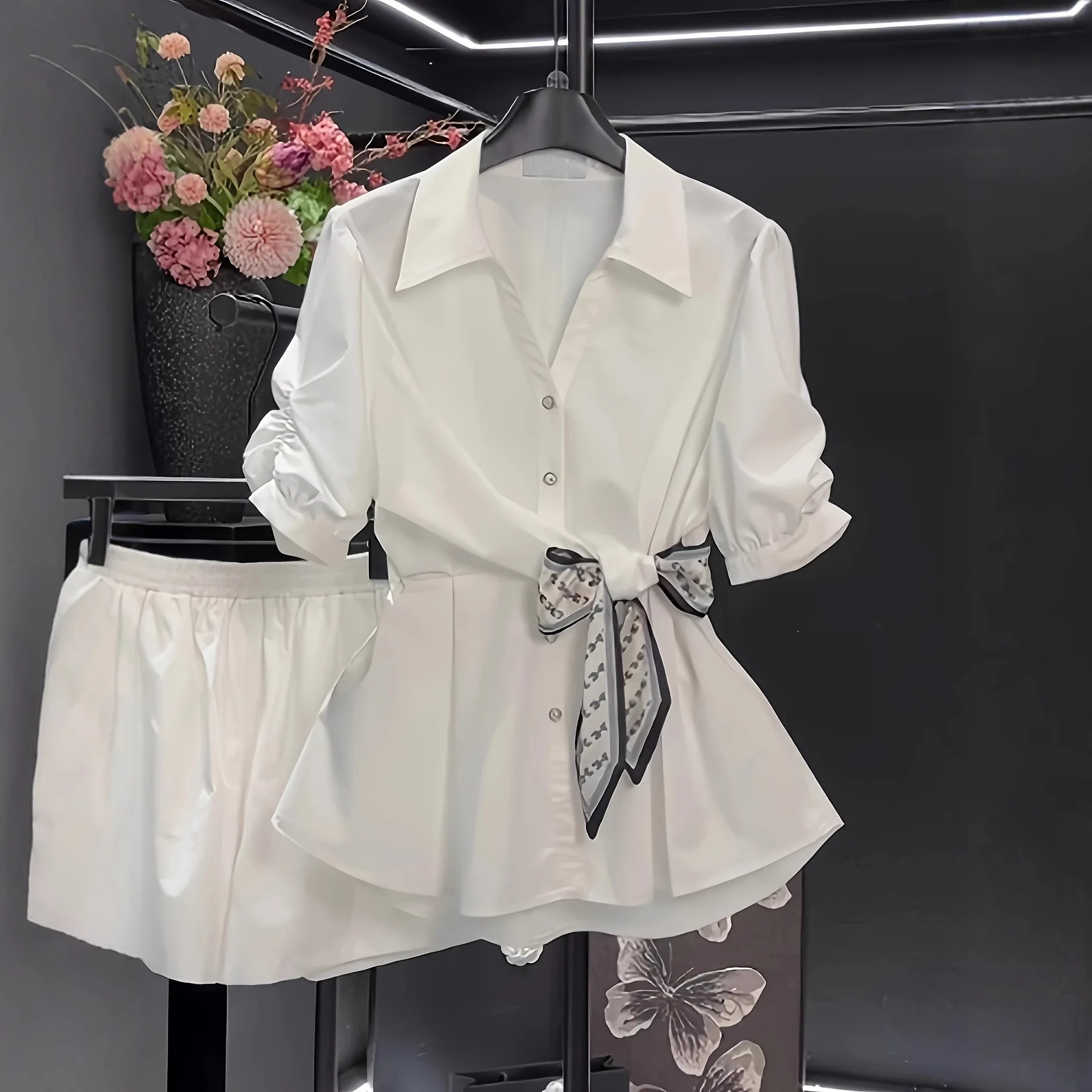 

Women's 2026 Summer Chiffon Blouse Short Sleeve Button Down Shirt Waist Cinch With Scarf Tie