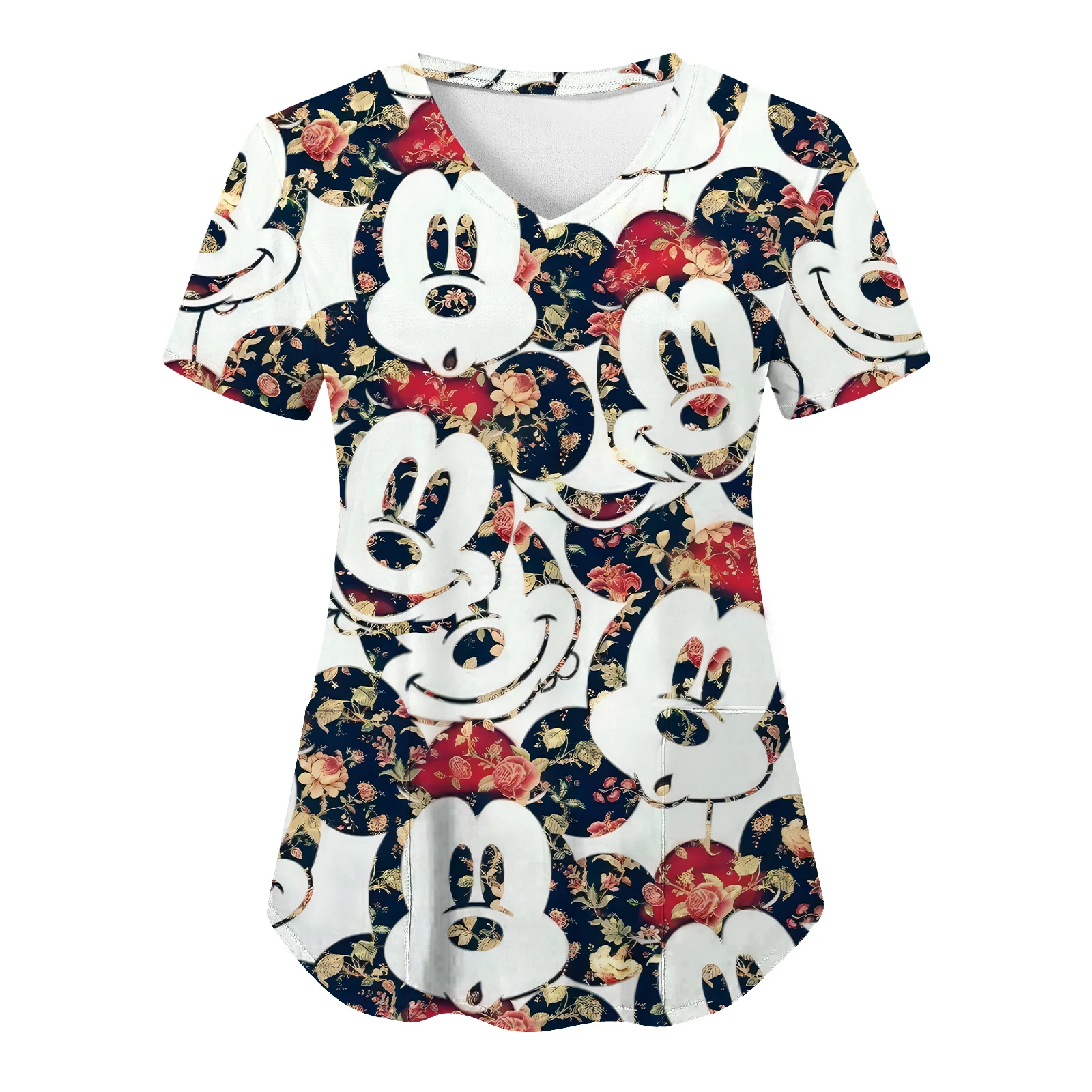 T-shirt Minnie Mouse avec poche pour femme, haut à col en V Y, uniforme d\'infirmière, vêtements d\'hôpital Disney, été, 2023