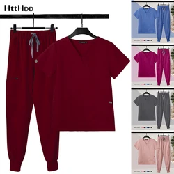 Conjunto de dos piezas de uniforme de enfermera para mujer, Top elástico de manga corta, pantalones de trotar de hilo, uniformes de Hospital, bata quirúrgica para sala de operaciones