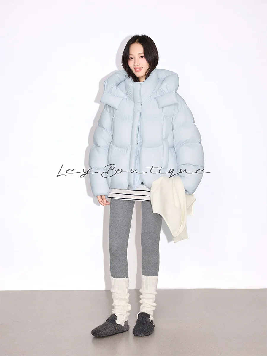 

Women's Winter Puffer Jaet 90 White Goose down Hooded Coat Korean Sle Blue Sunny Day Windproof Zipper ket High Waist