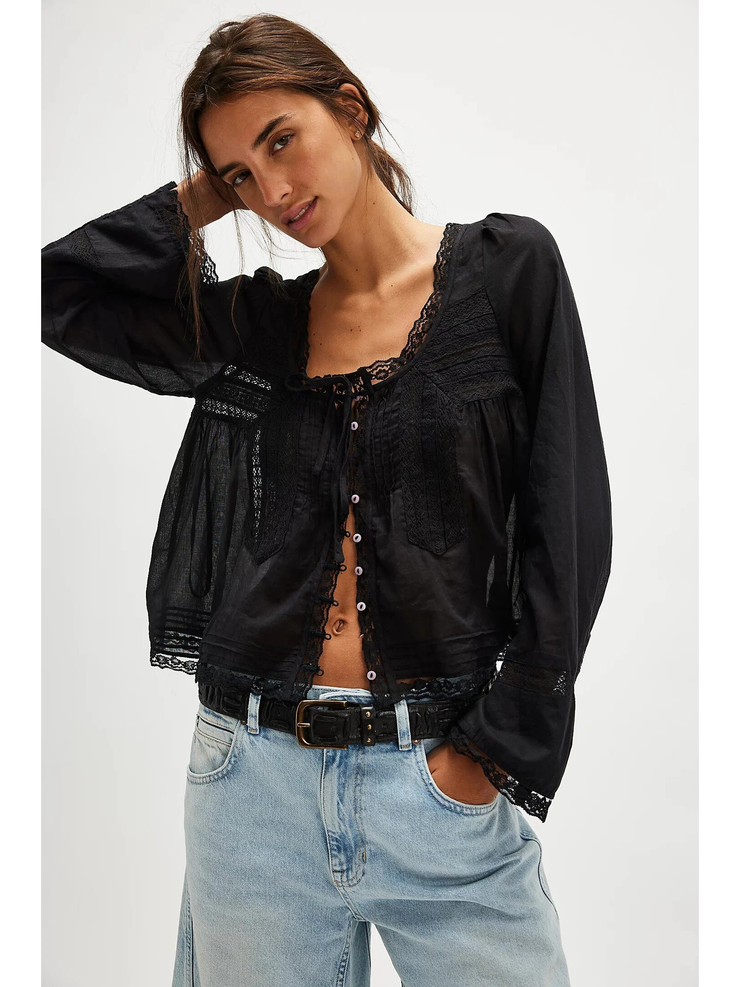 Women French Niche Style U Ruffle Neck Lace Cropped Blouse Tie Front Flare Long Sleeve Vintage Lightweight Casual Tops