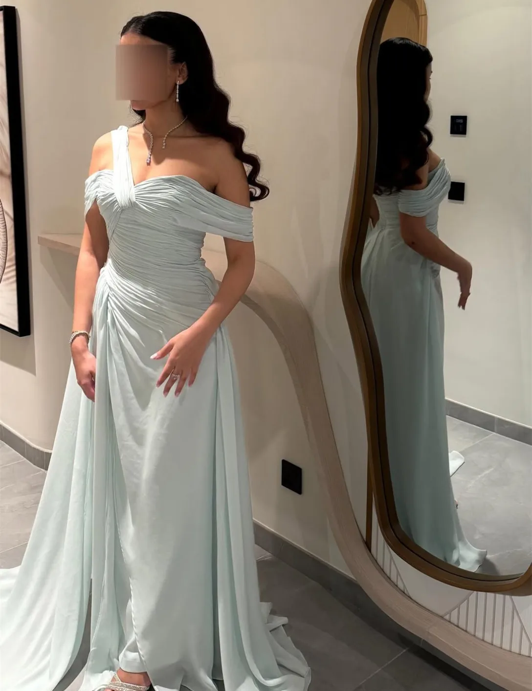 

Customized Long Chiffon Evening Dresses Mermaid Pleated فساتين سهرة Watteau Train Prom Dress for Women
