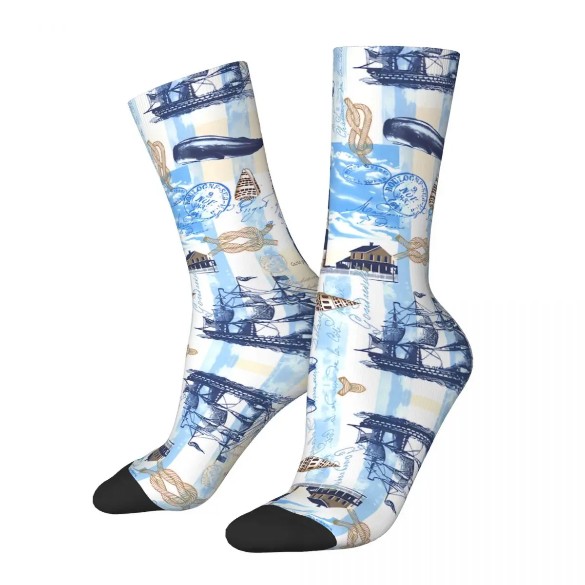 Funny Crazy Sock for Men Quilt Fabric Patterns Harajuku Nautical Art Breathable Pattern Printed Crew Sock Novelty Gift