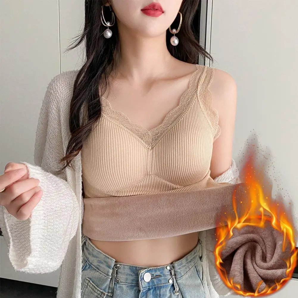 

Women Vest Women's V-neck Lace Trim Padded Vest for Winter Wear Underwear with Elastic Bottom Solid Color Fashion Statement Warm