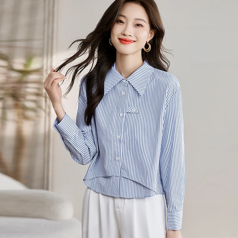 Camicia a righe urbana da donna Top streetwear moderno con camicette eleganti classiche slim fit e maniche lunghe per giovani donne