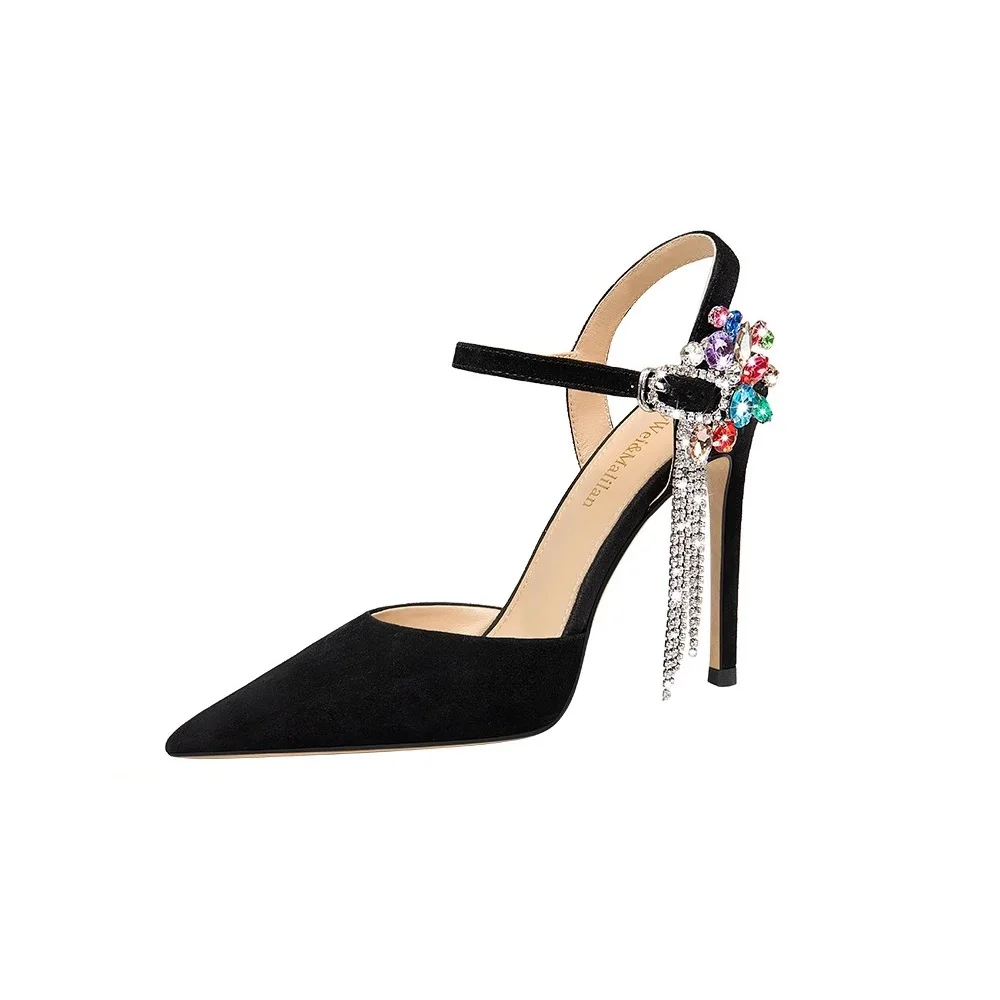 Thin high-heeled sandals summer new pointed suede color rhinestone tassel single shoes banquet large size small size women shoes view 3