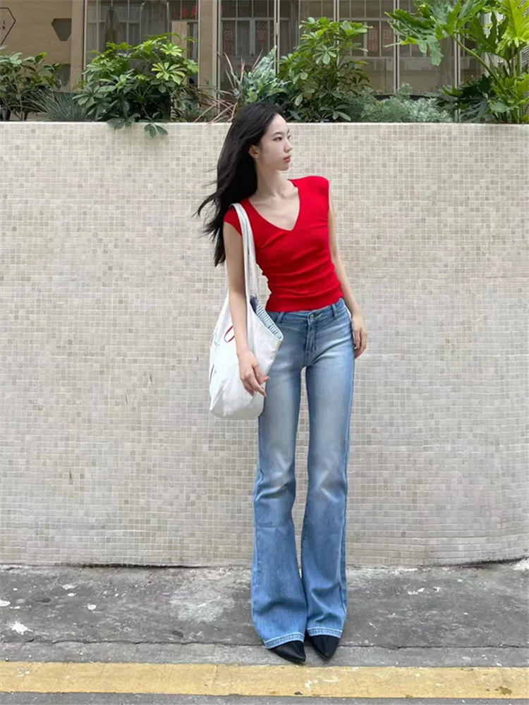 

American Retro Light Blue mid Low Waist Flared Jeans Women Slimming Tall Extended Casual Wide Leg Pants Summer Regular Thickness