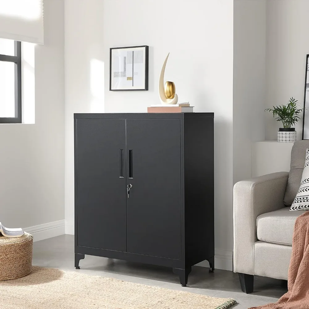 خزانة جراج، خزانة تخزين معدنية مع أبواب ورفوف، للمكتب المنزلي، المرآب وغرفة المرافق، أسود #2