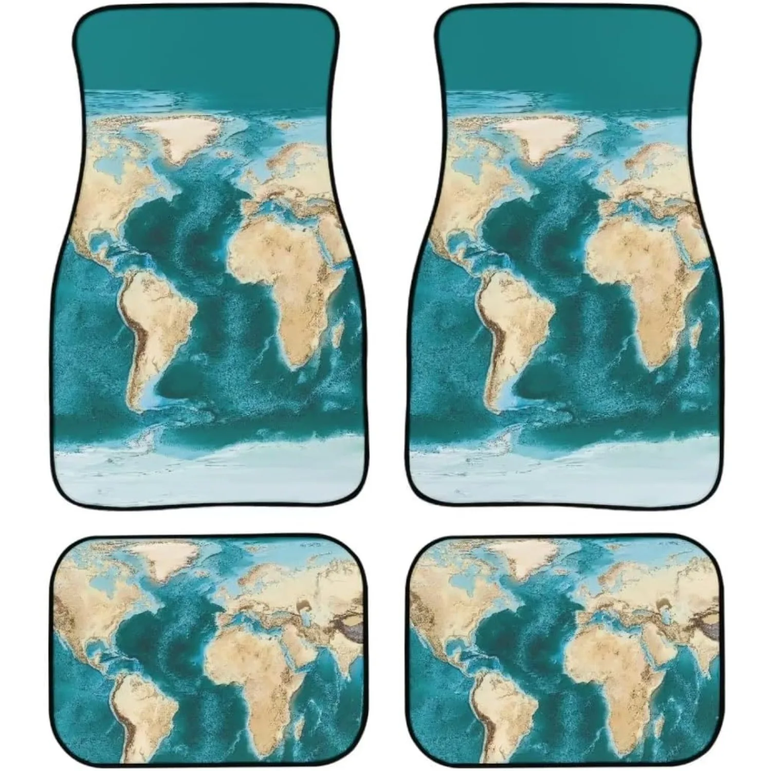 Car Mat Collection Featuring A Brown And Green World Map Design, Suitable For All Weather Conditions. This 3D Floor Mat Set Incl