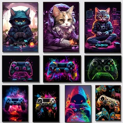 Colorful Neon Game Console Cat Headphones Poster Canvas Painting Graffiti Gaming Controller Wall Art Gamer Bedroom Home Decor