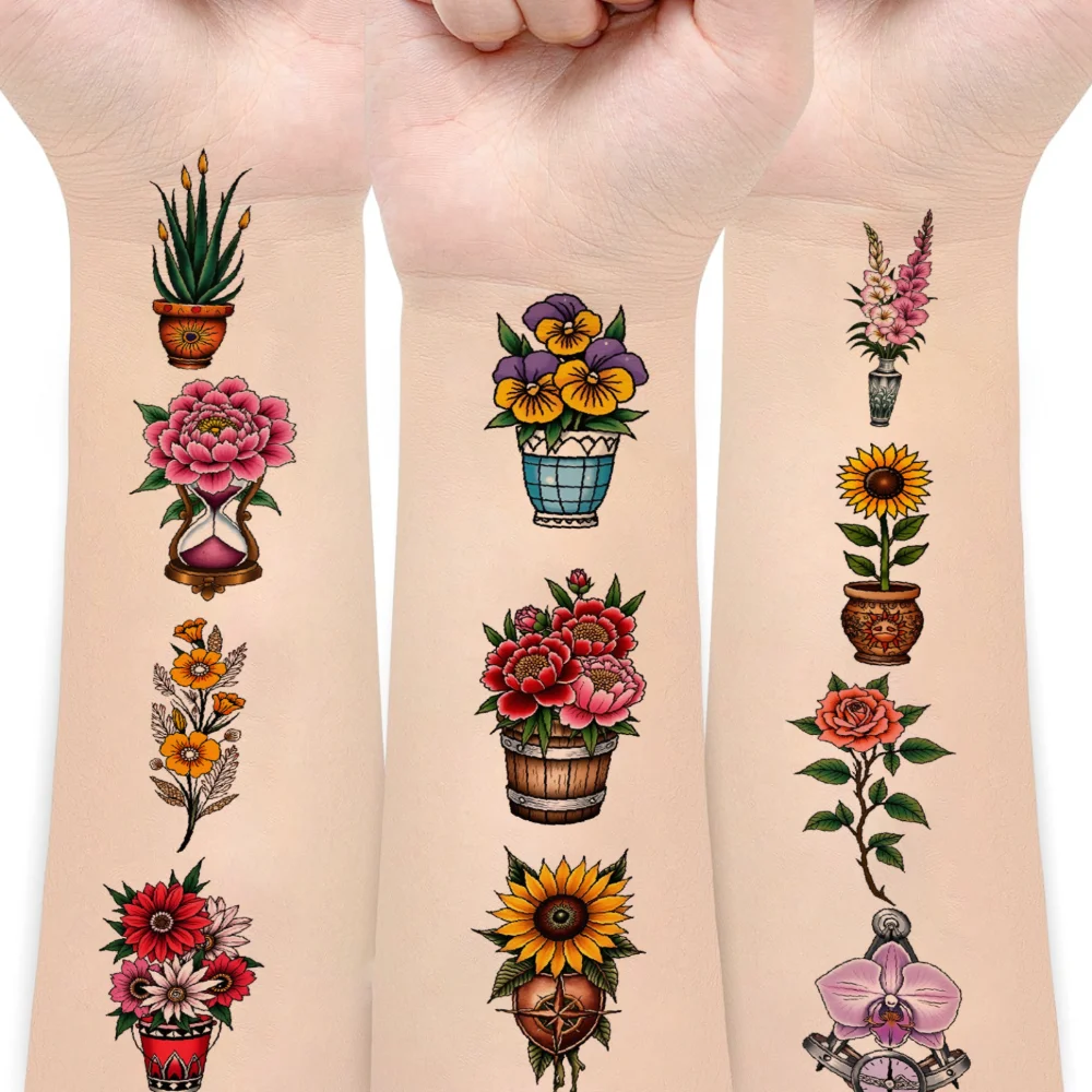 

63pcs Temporary Tattoo Flower Pots New School Traditional Nature Designs Floral Arrangements For Adults Women Arms