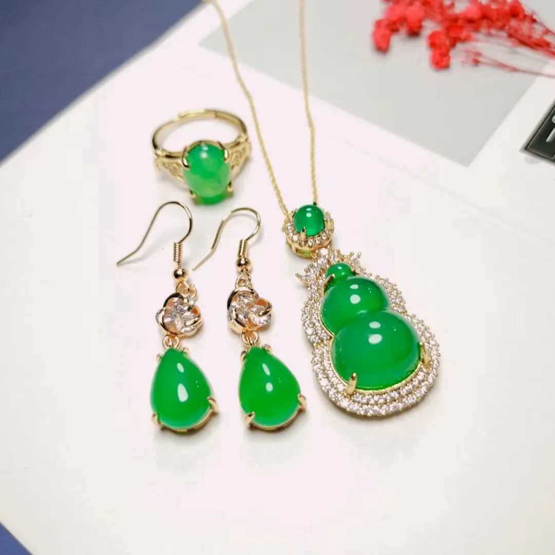 

Green Jade Jewelry Set Women Myanmar Jadeite With Zircon Gourd Pendant Necklace Dangle Earrings And Emerald Rings Jewellery Sets