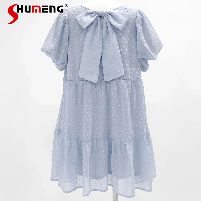 

New Japanese Rojita Sweet Doll Dress Cute Bow Tie Flocked Polka Dot Loose Cake Dresses Short Sleeves Chiffon Vestidos De Mujer