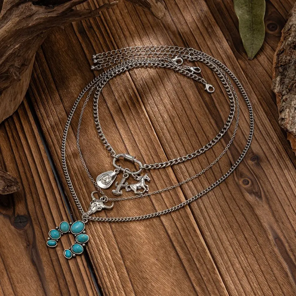 

Europe America Style Cowboy Hat Turquoise Necklace Horse Cattle Bull Head Pendant Necklace Ethnic Punk Multi Layer Necklace Gift