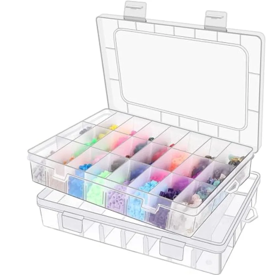 Lot de 2 boîtes de rangement en plastique avec 24 compartiments transparents - Organisateur pour petites pièces - Boîtes de tri