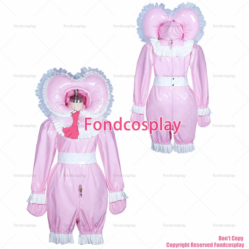 fondcosplay adult sexy cross dressing sissy maid bonnet French lockable baby pink heavy PVC jumpsuits Romper CD/TV[G3910]