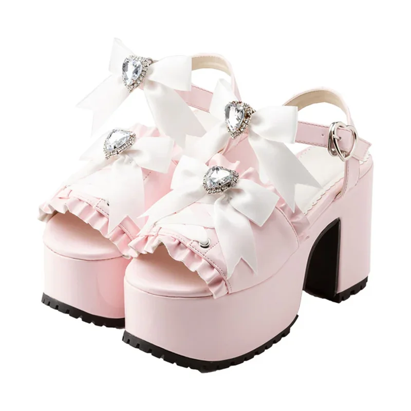 Japanese Ins Trendy Sweet Bow Chunky Heel Ladies Elegant Waterproof Platform Lolita Mine Women\'s Fish Mouth Sandals High Heels