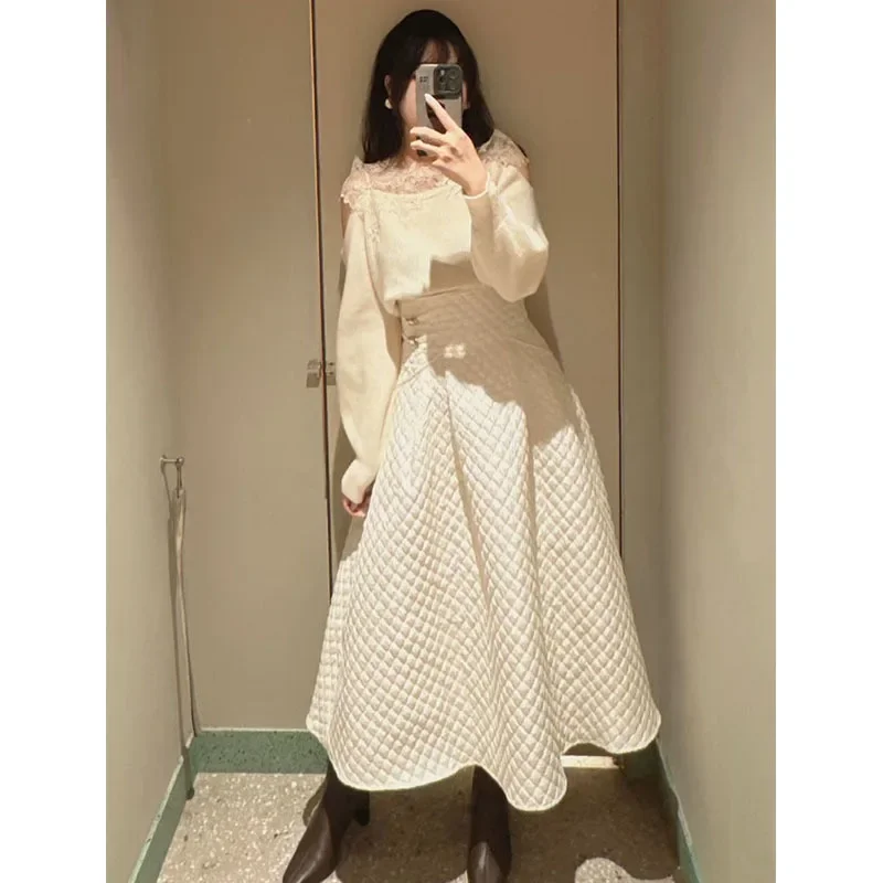 

2025 early spring Japanese new lace splicing off-the-shoulder sweater knitted sweater