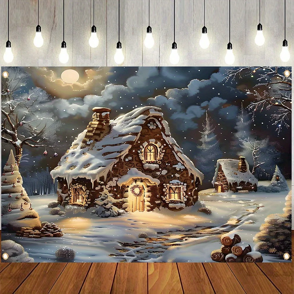 Merry Christmas Retro Log Cabin Banner - Durable polyester, easy to hang for winter snow scenes, holidays and the New Year