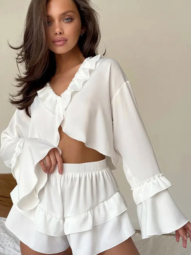 Women's Long Sleeve Pajamas Set Short Pants Home Clothes Outdoor Wearable Lace Hem Home Comfortable Soft Polyester Fabric